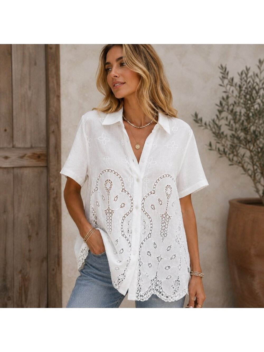 Vintage 100% Linen White Eyelet Detail Short Sleeve Blouse M